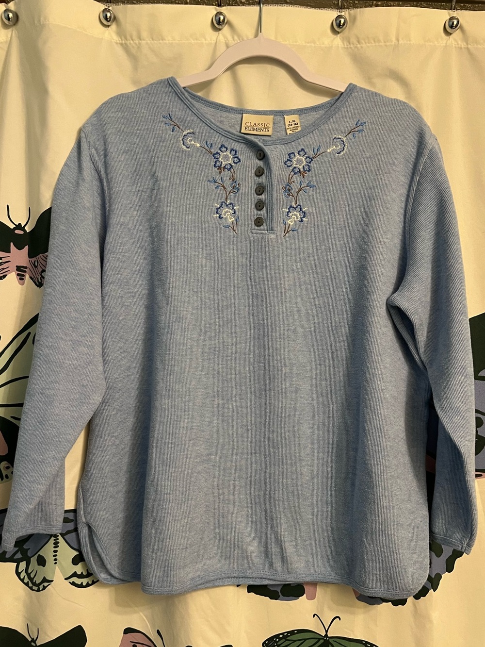 Vintage Classic Elements Sky Blue Henley with Floral Embroidery